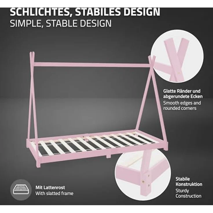 ML-DESIGN Spielbett Hausbett Tipi Zeltbett inkl. Lattenrost Bodenbett Kinder Himmelbett, Abenteuerbett zum Spielen Zelt Kinderbett Kiefer Bettenhaus Bett Rosa – Bild 5