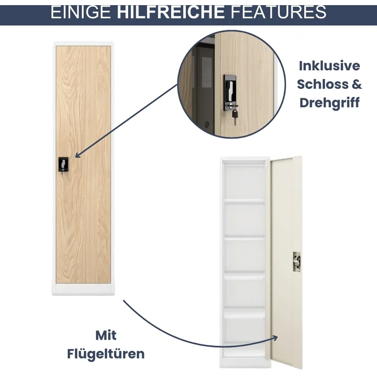 Aktenschrank abschließbar KADO - 5 Ebenen verstellbar, Flügeltüren | Metallschrank Werkstatt Mehrzweckschrank Büroschrank aus Stahl Werkzeugschrank, 185x45x40cm Weiß-Sonoma Eiche – Bild 5