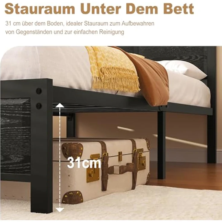 VECELO Bettgestell 90x200 cm, Metallbett mit Dick Holzkopfteil und Lattenrost, Modern Gästebett Jugendbett mit Stauraum Unter Dem Bett, Perfekt für Schlafzimmer, Schwarz – Bild 5