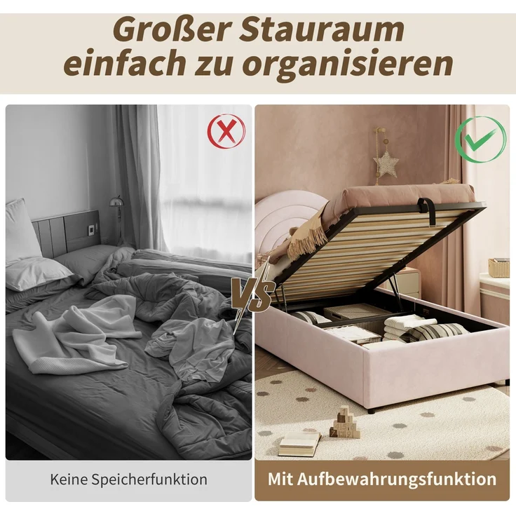 Kinderbett 90x200 cm mit hydraulischem Stauraum, eingebetteter Matratze, geräuschdämpfenden Polstern, Samtbezug, weichem Kopfteil,Rosa – Bild 5