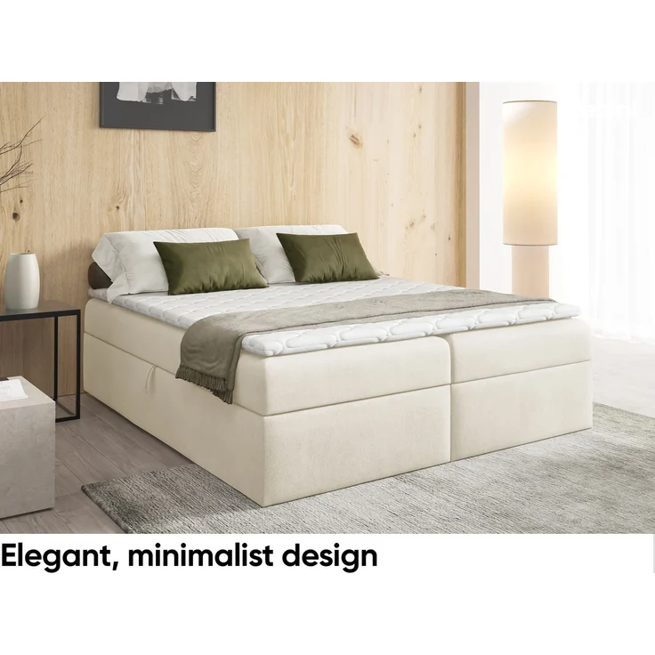 MEBLINI Boxspringbett mit Bettkasten - 120x200 - Gepolstert Doppelbett mit Matratze und Topper - Polsterbett mit Stauraum - Bett ohne Kopfteil - Stauraumbett - BASIL - H3/Creme Plüsch – Bild 3