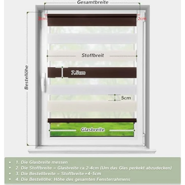 Deswell Doppelrollo Klemmfix ohne Bohren Weiß-beige-braun B60 x H130 cm (Stoffbreite 56cm) Rollos für Fenster ohne Bohren für Fenster mit Lichtdurchlässig & Verdunkelnd/Höhe Stufenlos Verstellbar – Bild 5