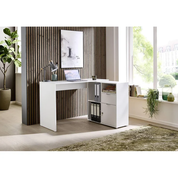 BMG Möbel Eckschreibtisch LENI (Schreibtischplatte mit Regal), Breite 110 cm, spiegelverkehrt montierbar, abschließbare Tür – Bild 1