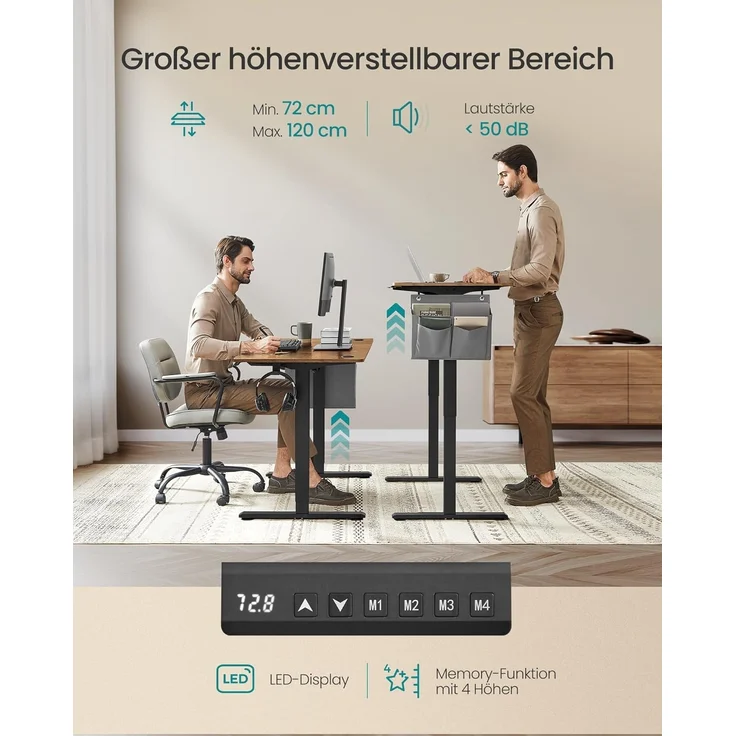 Songmics Höhenverstellbarer Schreibtisch elektrisch, 60x140 x (72-120) cm, Verstellbarer Tisch, Memory-Funktion für 4 Höhen, für Homeoffice, Arbeitszimmer, vintagebraun-tintenschwarz LSD134K01 – Bild 4