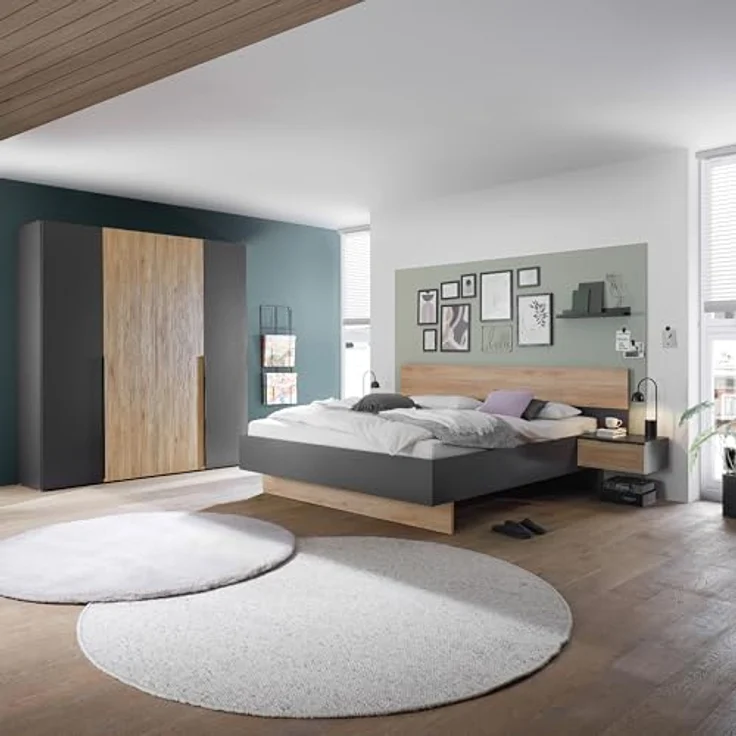 Stella Trading ASKA Stilvolle Doppelbett Bettanlage mit Nachtkommoden 180x200 cm - Schlafzimmer Komplett-Set in Graphit, Mauvella Eiche Optik - 285 x 95 x 205 cm (B/H/T) – Bild 6