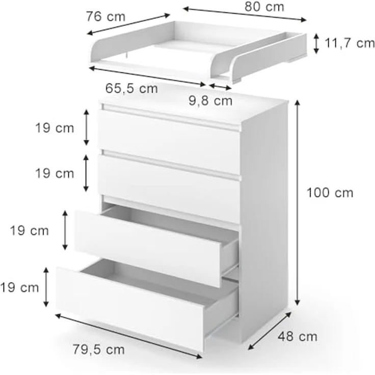 Wickelkommode Emmi Weiß 80x111.6 cm mit 4 Schubladen Vitalispa – Bild 2