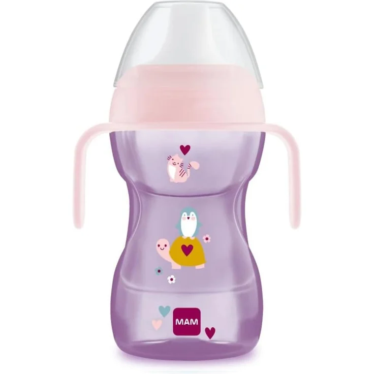 MAM Fun to Drink Cup Night 270 ml, Becher für Kinder ab 8 Monaten, rosa | Extra weicher Auslauf, tropffrei, im Dunkeln leuchtende Griffe, abnehmbares Ventil für freien Durchfluss, BPA-/BPS-frei