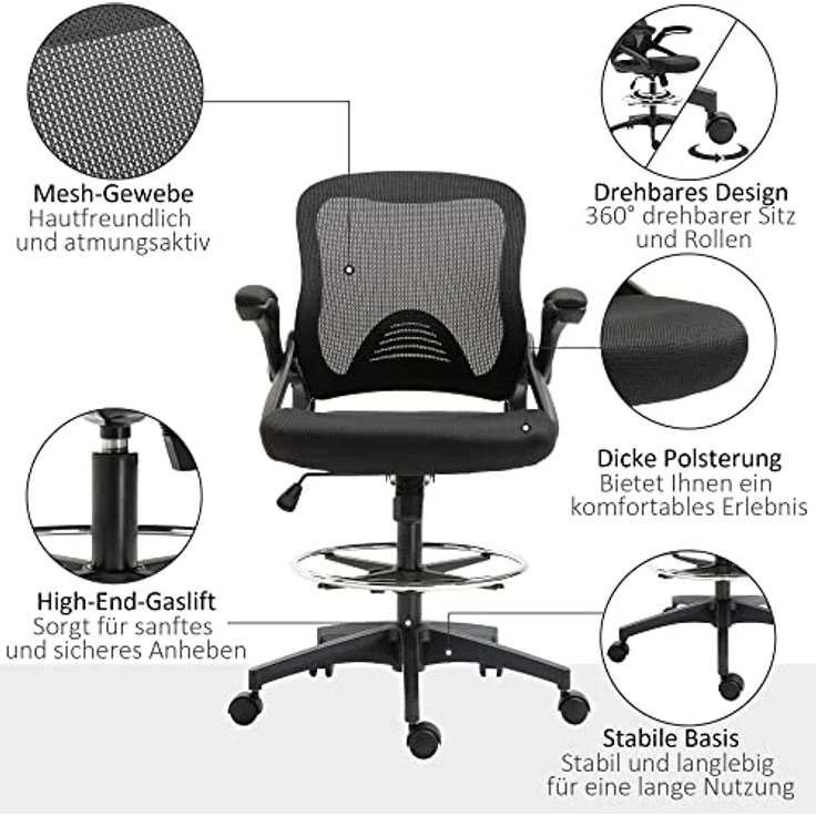 Vinsetto Drehstuhl Mesh, Schwarz, ergonomisch, höhenverstellbar, mit hochklappbaren Armlehnen, 60x126x64 cm – Bild 7