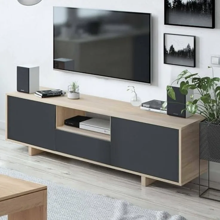 Dmora - TV-Ständer Visalia, Wohnzimmer TV-Sideboard, 3-türiger TV-Ständer, Niedriges Sideboard für Wohnzimmer, cm 150x41h46, Eiche