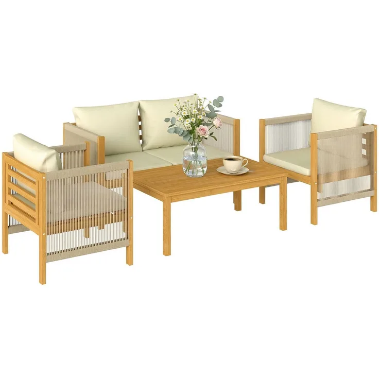 MELAYR, Gartenmöbel Set Holz Sitzgruppe für 4 Personen mit 2er Sofa 2 Sessel Tisch Seilflecht, 120 x 60 x 64 cm, Beige