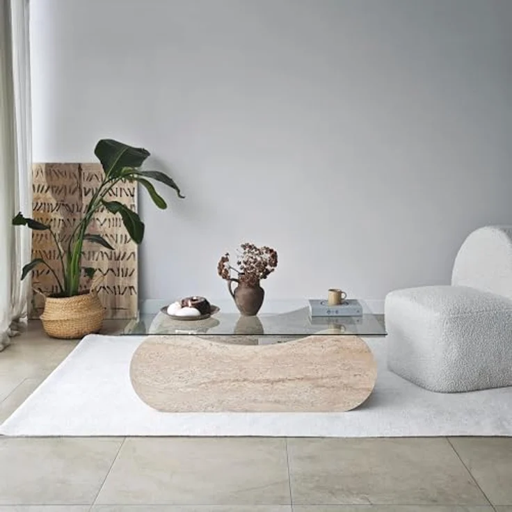 Modern Coffee Table, 105 cm Width, 35 cm Height, 65 cm Depth | 100% Tempered Glass & Melamine Coated Frame | Elegant Travertine & Transparent Design – Bild 4