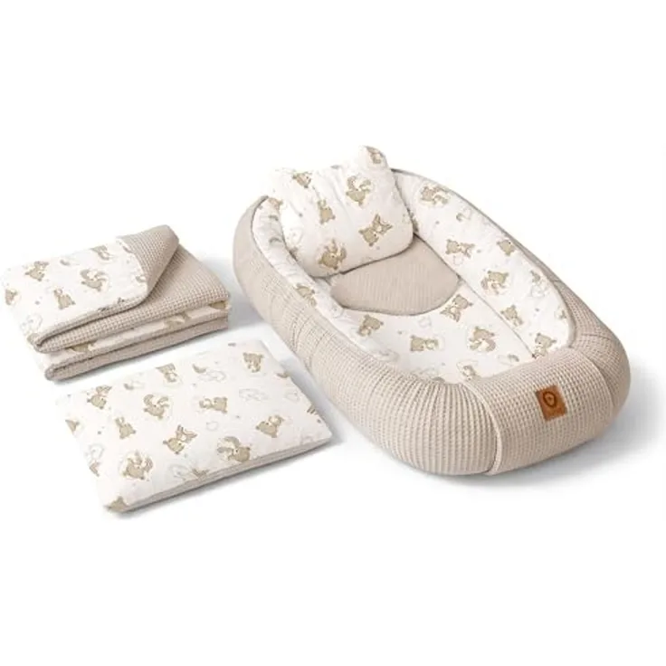 Babynest Nestchen Baby Set für Neugeborene – 5-teilig – Kuschelnest aus 100% Baumwolle & Waffelpique – Babykokon tragbar – für Babybett, Kinderbett & Kinderwagen – OEKO-TEX - Teddy und Sand