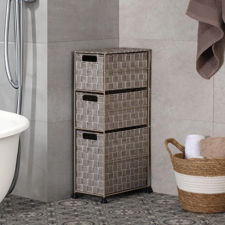 Versa Nilo Zusatzmöbel für das Badezimmer, Badezimmerregal mit 3 Aufbewahrungskörben, Maße (H x L x B) 57 x 15,5 x 28 cm, Texturierter Kunststoff, Beige – Bild 2