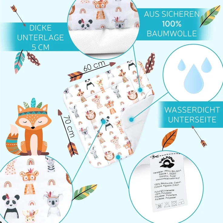 Balbina® Wickelunterlage aus Baumwolle weiche Wickeltischauflage für Wickelkommoden waschbar 60x70 I Tiere im Zoo – Bild 3