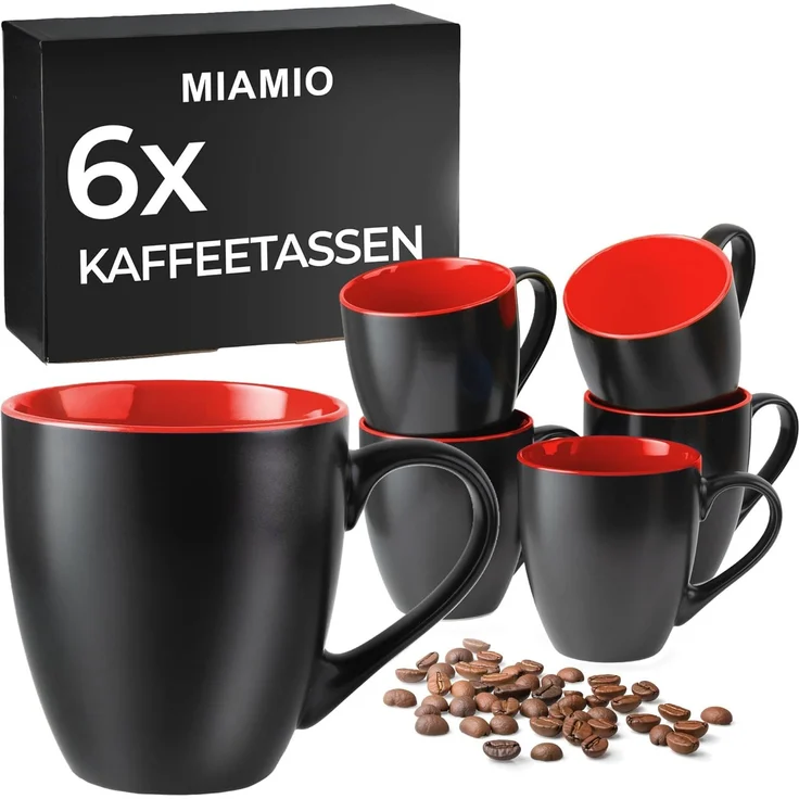 MiaMio Tasse MIAMIO - 6 x 350 ml Kaffeetassen Set Außen Schwarz Innen Farbig