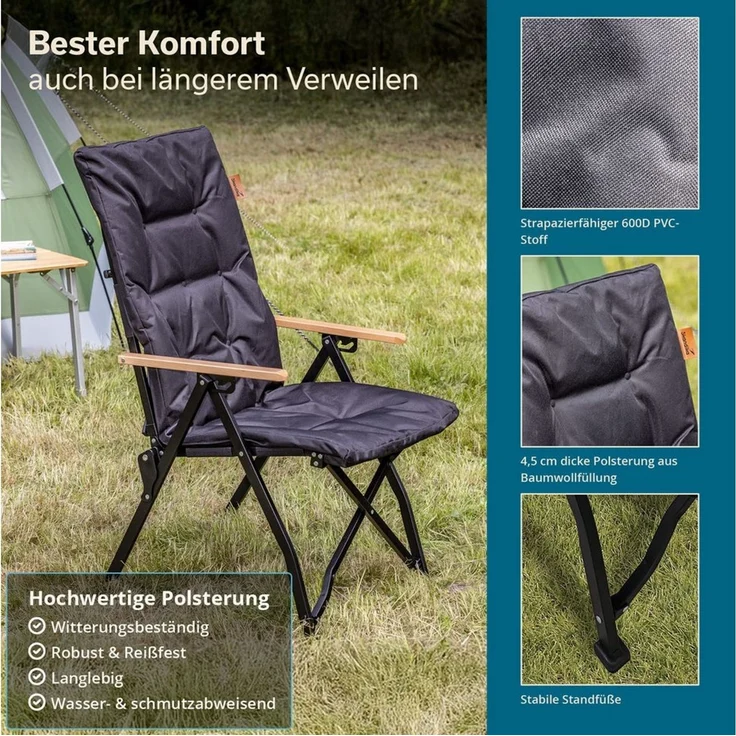Skandika Campingstuhl Nojata, faltbar, 3-Fach verstellbare Rückenlehne, Tragetasche (Max. Benutzergewicht 120 kg, Material Armlehnen: Buchenholz), Sitzhöhe 43 cm, 5,2 kg leicht, Sitzfläche 50 x 50 cm, Anti-Rutsch-Füße – Bild 3