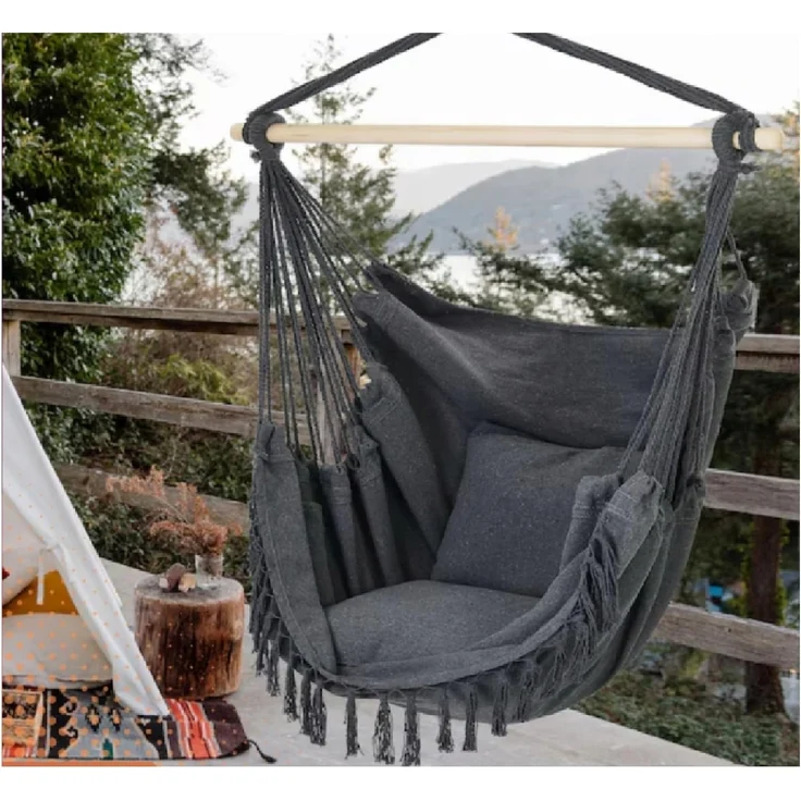 QLS Hängesessel 130x100 cm mit 2 Kissen bis 200 kg Graphit, Hängestuhl Boho-Stil 130 x 100 cm – Bild 5