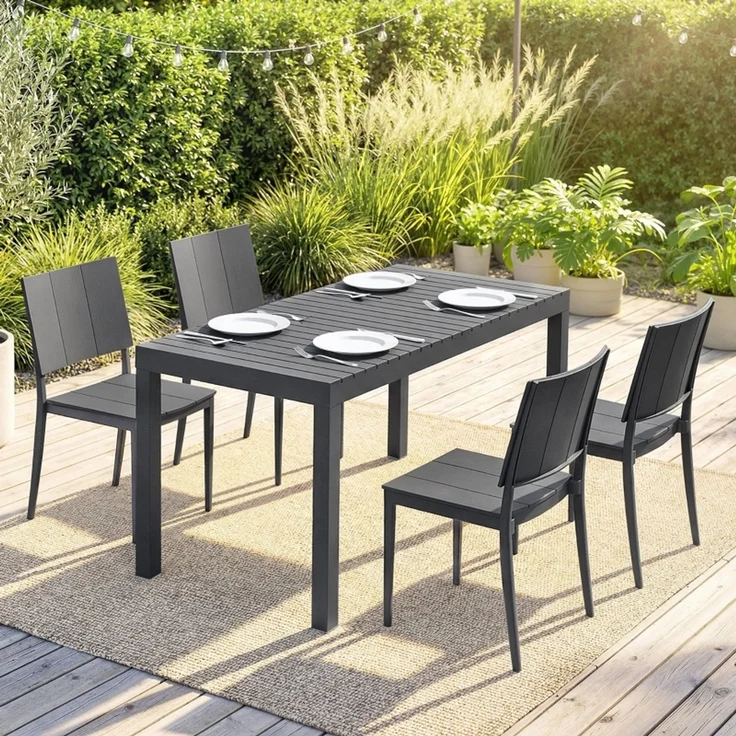 Gartenmöbel Set Sitzgruppe 5-teilig Breiter Tisch mit 4 Stapelstühlen Lamelldesign für 4 Personen – Bild 2