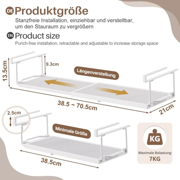 Yorbay Hängekorb Multifunktional Unterregal Hängekorb, Verstellbarer 38-70 cm, zusätzlicher Stauraum ohne Bohren, Weiß – Bild 2