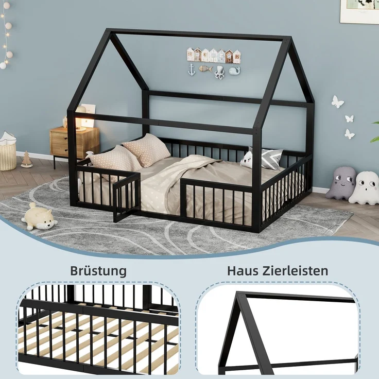 Hausbett mit Lattenrost, Zaun, Tür und Rausfallschutz, 140x200 cm, Metallbett, Kinderbett, Doppelbett, Jugendbett – Bild 6