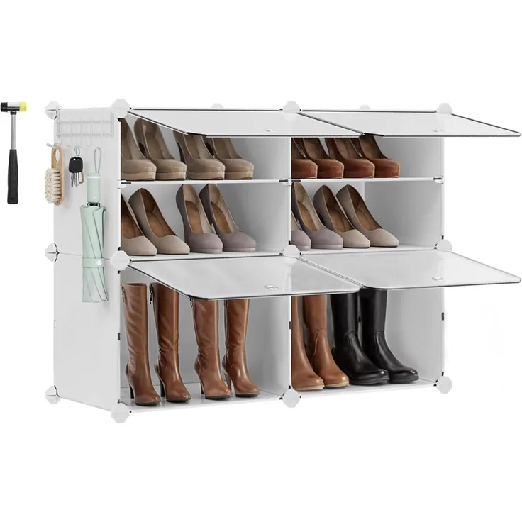 Songmics Schuhregal mit 4 Fächern, Schuhschrank, 30 x 40 x 30 cm pro Fach, schmal, mit Türen, Stahlrahmen, Kunststoff, für Flur, Schlafzimmer, Eingangsbereich, weiß LPC032W01