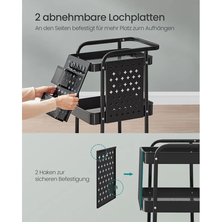 SONGMICS Rollwagen, Küchenwagen, 3 Metallgitterablagen, Servierwagen, 2 abnehmbare Lochplatten, 2 Hängekörbe, 4 Haken, für Büro, Küche, Wohnzimmer, Badezimmer – Bild 4