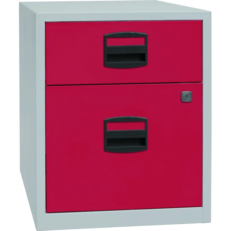 Bisley Home Beistellschrank auf Rollen mit Schloss aus Stahlblech, 1 Universal-Schublade + 1 Hängeregistratur-Schub einbahnig abschließbar - für Hängemappen & Büromaterial - Farbe: grau/rot, PFAM1S1F-506