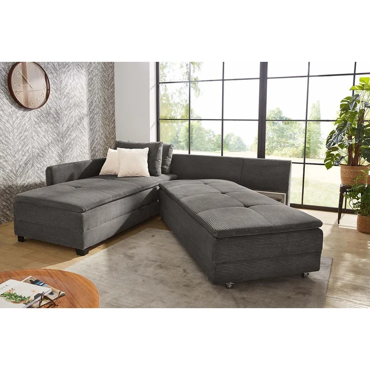 Ecksofa-Dauerschläfer Doppelbett Federkern Bettkasten Couch Cord Dunkelgrau – Bild 4