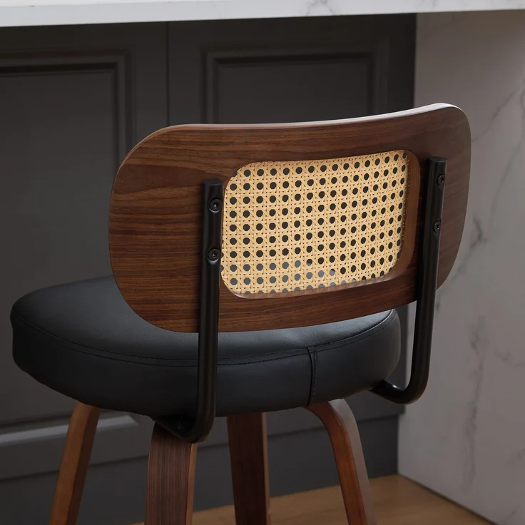 Flieks Barhocker 3er Set, drehbar, Rattan-Geflecht Rückenlehne, Walnuss Holzgestell, Sitz PU Leder Schwarz, mit Fußstütze – Bild 7