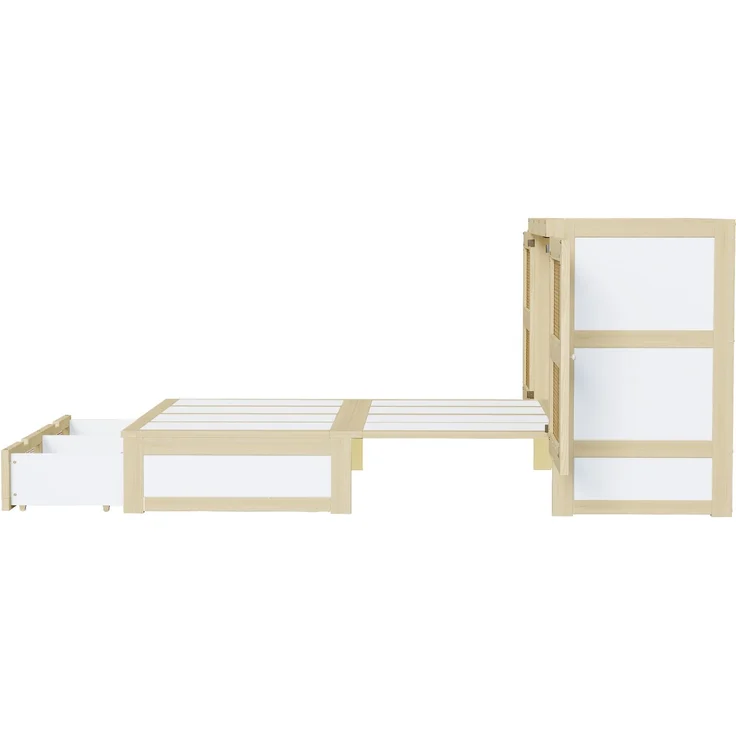 Bett 140x200 cm Schrankklappbett aus Holz in Natur, mit Lattenrost, Schubladen und Rattan-Design, ohne Matratze – Bild 8