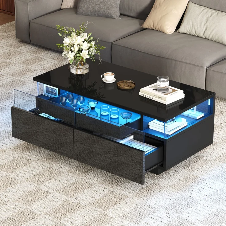 Merax Couchtisch mit Tablett, Hochglanz-Couchtisch fürs Wohnzimmer, Sofatisch mit 2 Schubladen, tragender Beistelltisch aus gehärtetem Glas, kaffeetisch mit LED-Licht, Schwarz – Bild 3
