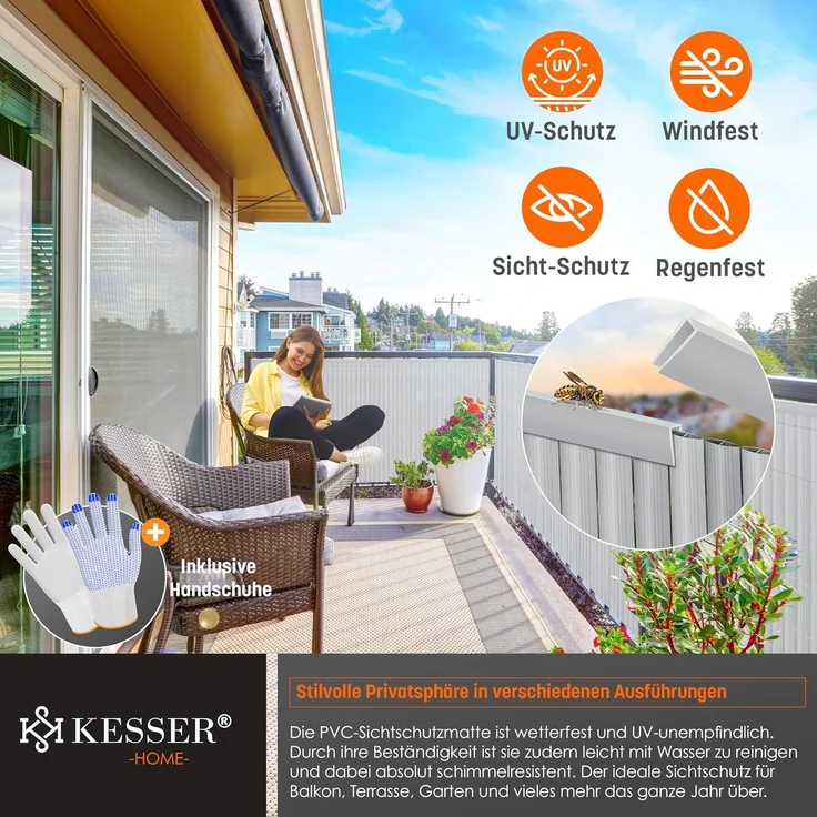KESSER® PVC Sichtschutzmatte Sichtschutzzaun 160x500 cm | Balkonverkleidung Windschutz | verstärkte Lamellen für Garten Balkon & Terrasse | Balkonumrandung inkl. Kabelbindern & Abdeckung Hellgrau – Bild 4
