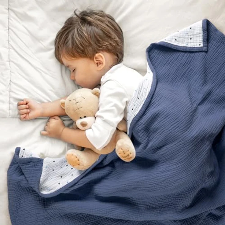 lulumoon Musselin-Babydecke – Baumwoll-Steppdecken für Kleinkinder – wendbare Kinderbettdecke für Babys, Jungen und Mädchen, 120x120 cm (Blau) – Bild 6