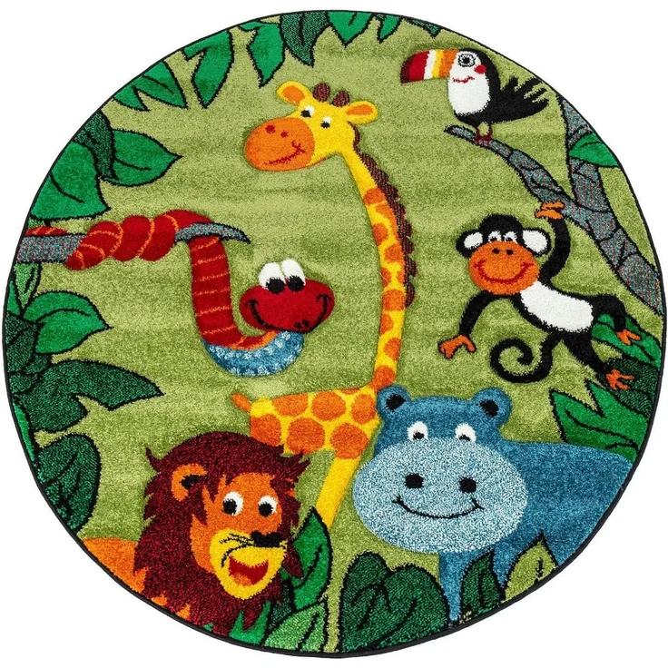 Paco Home Kinderteppich Diamond 638, rund, Höhe: 18 mm, Kurzflor, 3D-Design, Motiv Dschungel Tiere, Kinderzimmer – Bild 1