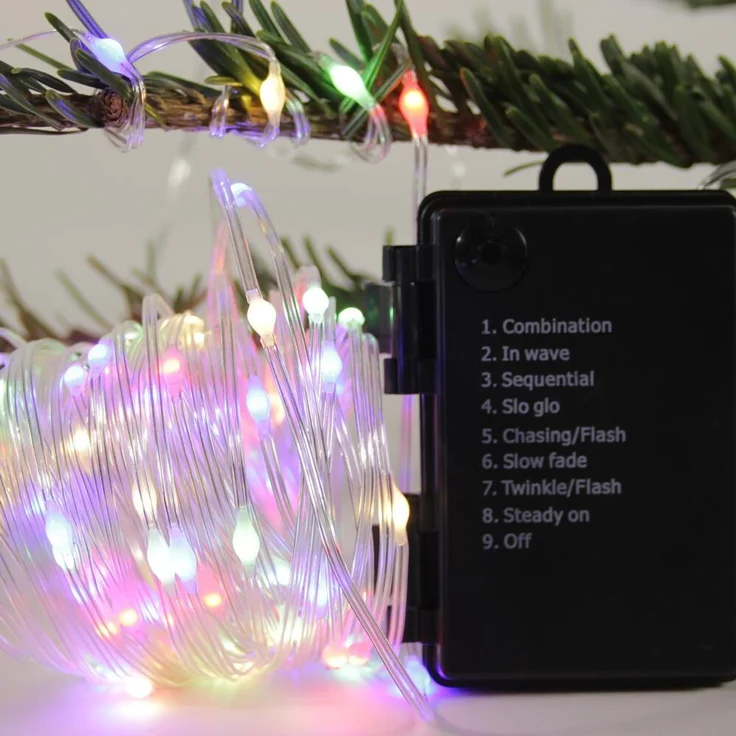 FHS LED-Lichterkette 100 LED multicolor | 10 cm LED-Abstand, 8 Funktionen & Timer | 50 cm Zuleitung, IP44 Batteriefach | für Innen & Außen, 3x AA Batterien – Bild 2