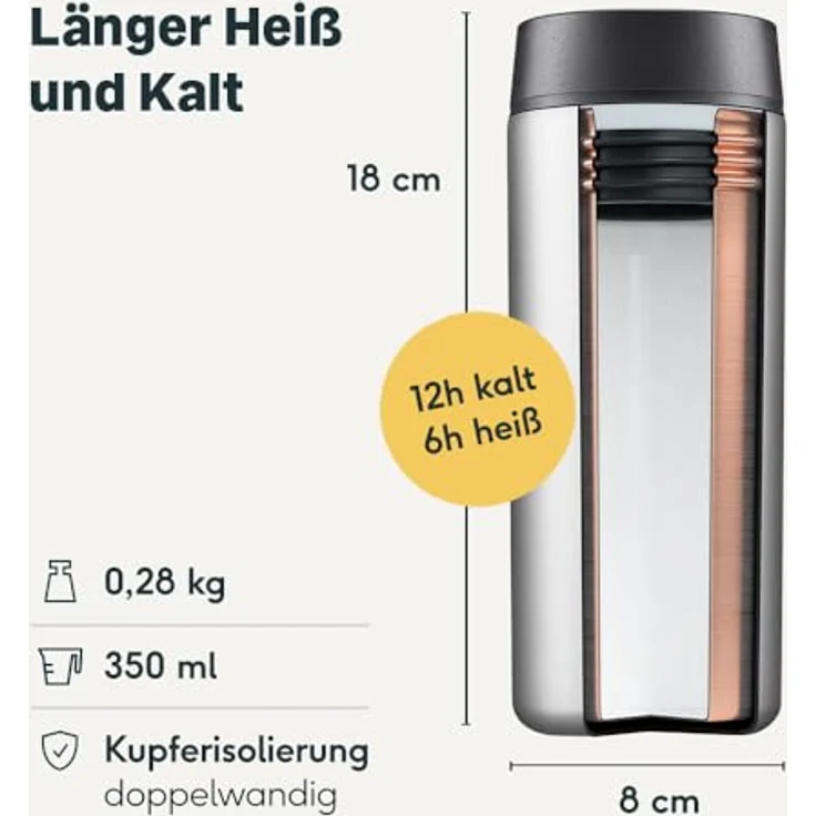 SILBERTHAL Thermobecher 350ml Edelstahl - Auslaufsicherer Kaffeebecher to go mit Keramik - Coffee Cup in Silber - Bis zu 6h warm – Bild 3
