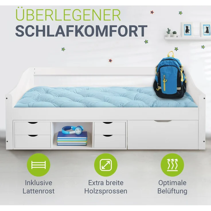 Juskys 'Nalu' Funktionsbett - mit Lattenrost & Schubladen - für Kinder - Gästebett - Holz Weiß – Bild 6