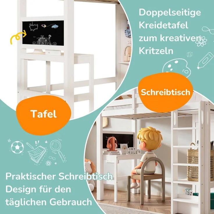 Odikalo Hochbett 90x200 Kinderbett mit Schreibtisch und Stauraum (mit Schreibtisch Offener Kleiderschrank und Regalen Kinderbett mit Lattenrost und Rausfallschutz Einzelbett Liegefläche 90x200cm, Weiß(ohne Matratze) – Bild 2