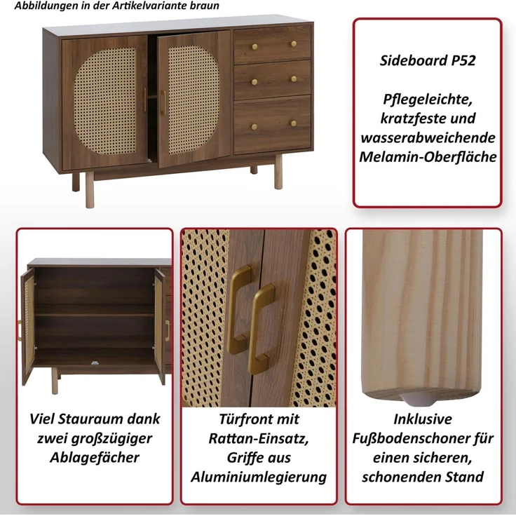 Sideboard HWC-P52, Schrank Kommode Highboard, Schubladen Staufächer, Poly-Rattan MDF Melamin 80x120x40cm ~ Walnuss-Optik – Bild 2