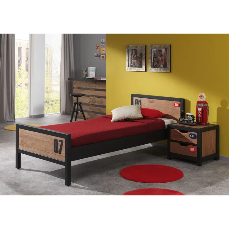 Set Alex best. aus Nachtkonsole und Einzelbett 90x200, Kiefer gebürstet, cognac