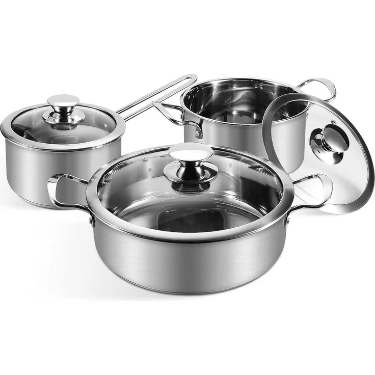 Wodillo Edelstahl Kochtopfset 6-teilig Glasdeckel Kühlgriff Herd & Ofenfest