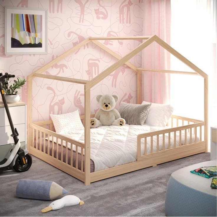 CADANI Kinderbett Malte Hausbett Bodenbett Rausfallschutz abnehmbar bis 200 kg belastbar (140x200 cm, Montessori Kinder- & Jugendbett aus Kiefer Massivholz), inkl. stabilem Roll-Lattenrost, langfristig nutzbar, Natur – Bild 1