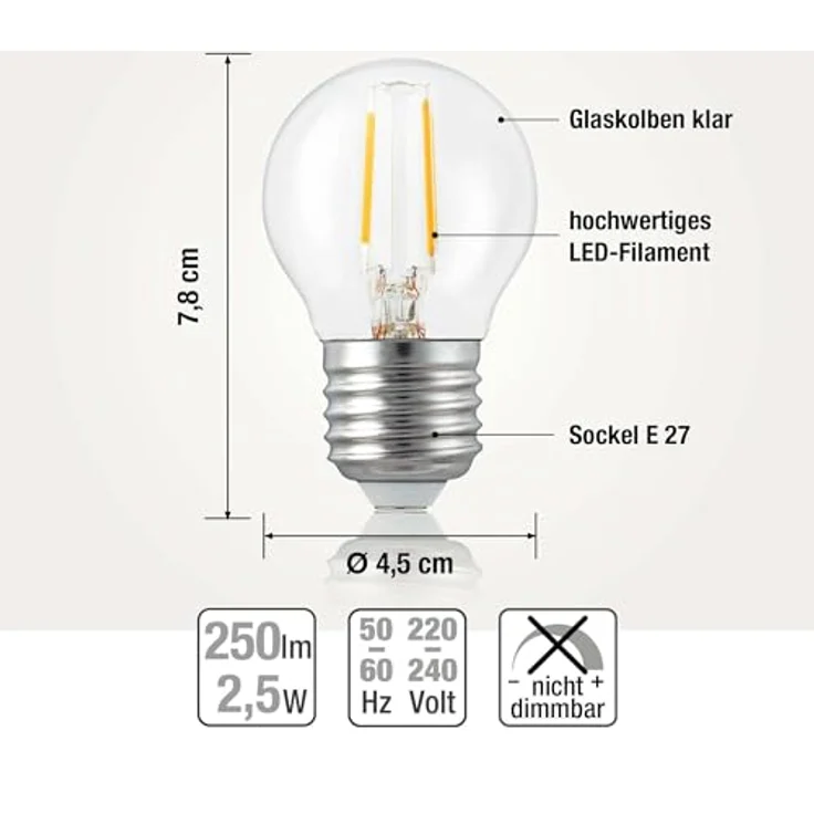 hellum LED Glühbirne E27 mit 2,2W als Ersatz für Glühbirne 25W, Mini Globe 250 Lumen 2700 Kelvin warmweiß, LED Glühlampe in klar für E27 Beleuchtung, 5 Stück 220407 – Bild 2