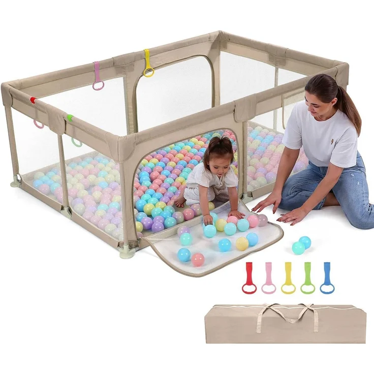 Dripex Laufgitter Laufgitter Laufgitter aus nachhaltigem Leinenstoff Laufgitter 120x180 cm XXL Kinderlaufgitter Großer Sicherheitsbereich mit 5 Laufgitterringen braun