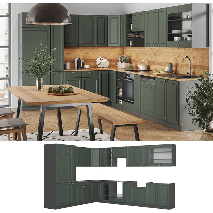 Eckküche Fame-Line Grün-Gold Landhaus/Anthrazit 347 x 46 cm ohne Arbeitsplatte Vicco – Bild 2