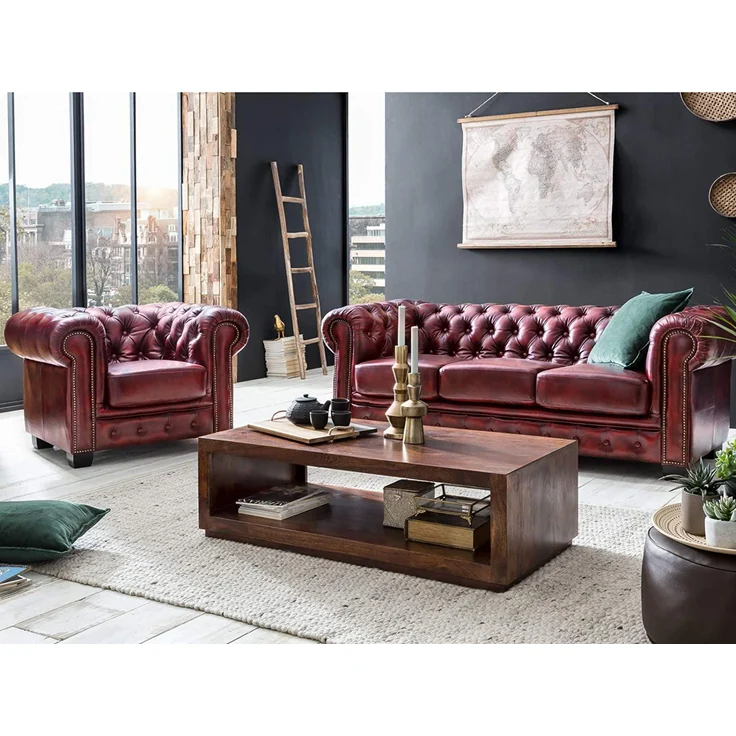 Chesterfield Echtleder Sofa 3-Sitzer antik-rot 200x72x90 cm massivum Serie Chesterfield Ledercouch englisches Design Clubsofa Büro Wohnzimmer – Bild 2