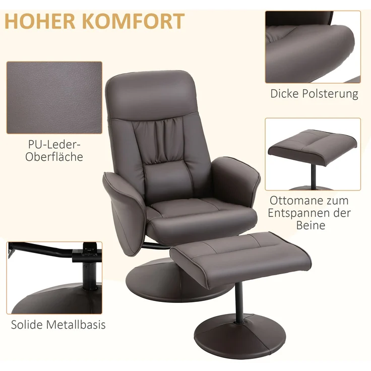 HOMCOM Relaxsessel, Metall, Kunstleder, Braun, 81L x 76B x 101H cm – Bild 6