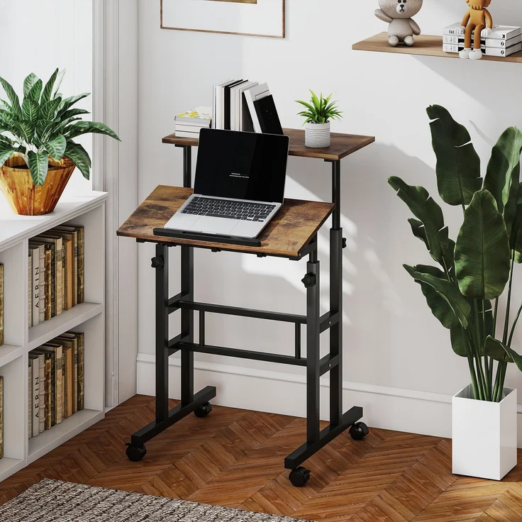 MELAYR, Sitz-Steh-Schreibtisch, höhenverstellbarer Schreibtisch 60 x 60 cm mit Rollen, Rustikales Braun – Bild 4