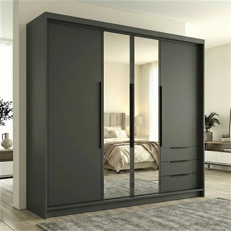 A&J MöbelLand GmbH Drehtürenschrank viertüriger Kleiderschrank mit Schubladen und Metallgriffen. (Geräumiger vier¬türiger Kleiderschrank mit Schubladen und Metallgriffen. Geräumiger Schrank mit einer Breite von 200 cm und Schubladen, ideal zur Aufbewah...