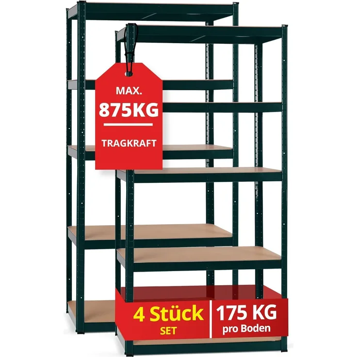 Stagecaptain Schwerlastregal Lagerregal - 5 variabel montierbare Böden - auch als Werkbank umbaubar, 4er Spar-Set 4-tlg, Tragkraft pro Boden: 175 kg, gesamt 875 kg